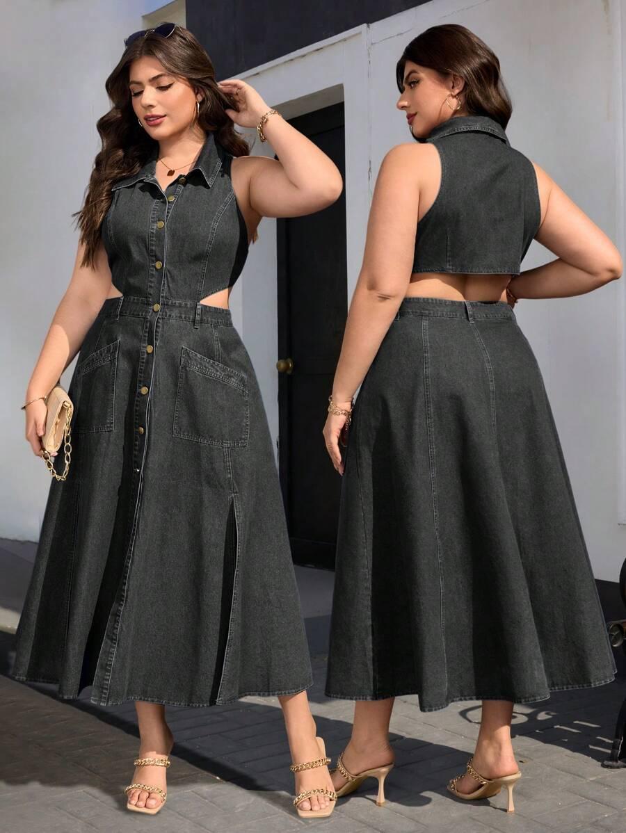 SUKIENKA JEANSOWA MIDI Z KOŁNIERZYKIEM PLUS SIZE