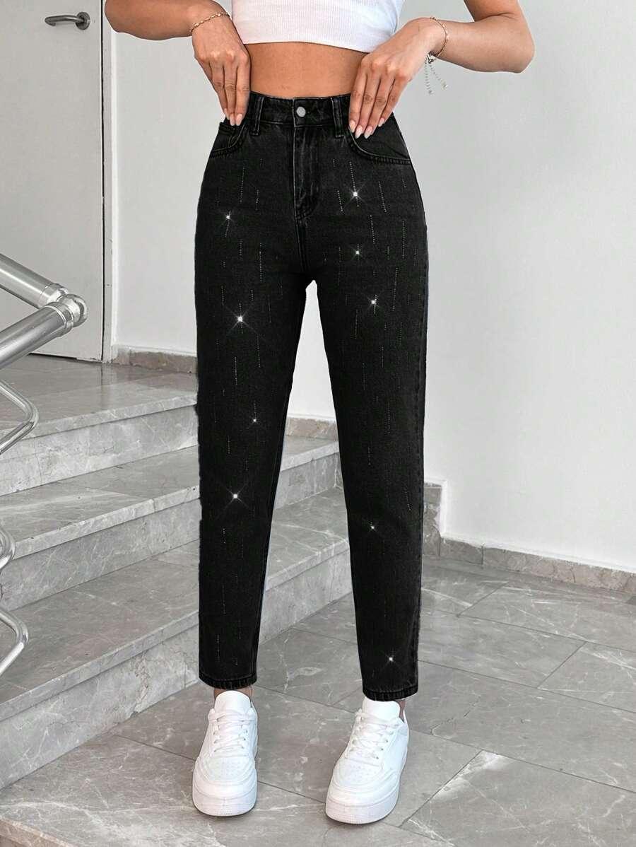 CZARNE SPODNIE JEANS POŁYSK 