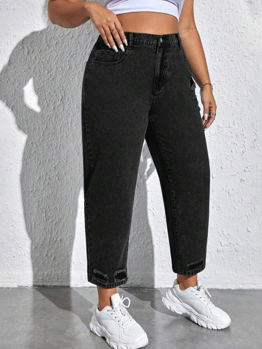 SPODNIE JEANSOWE MOM JEANS Z PRZETRACIAMI