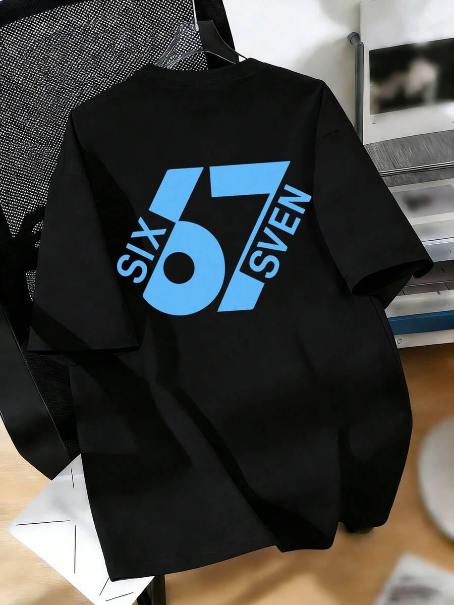 CZARNY T-SHIRT PRINT OKRĄGŁY DEKOLT