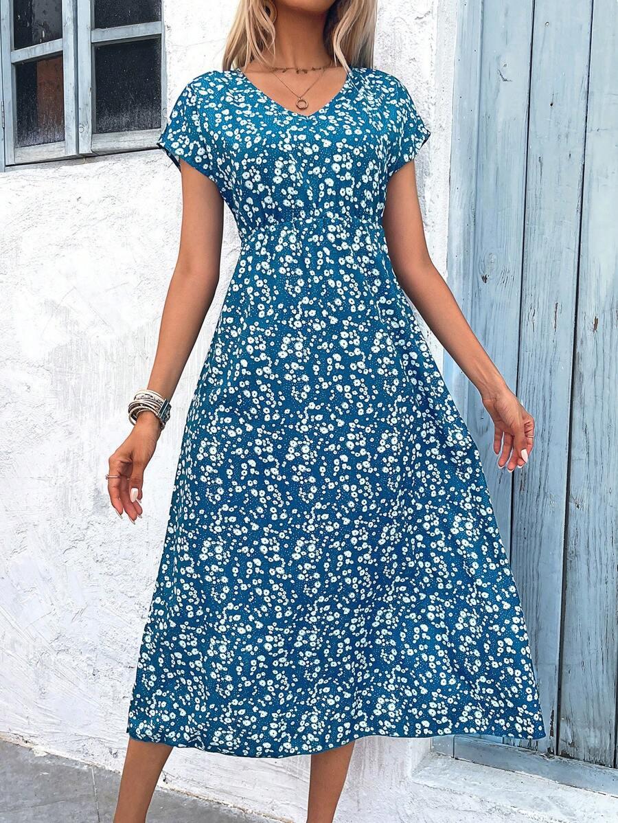midi sukienka nadruk v neck