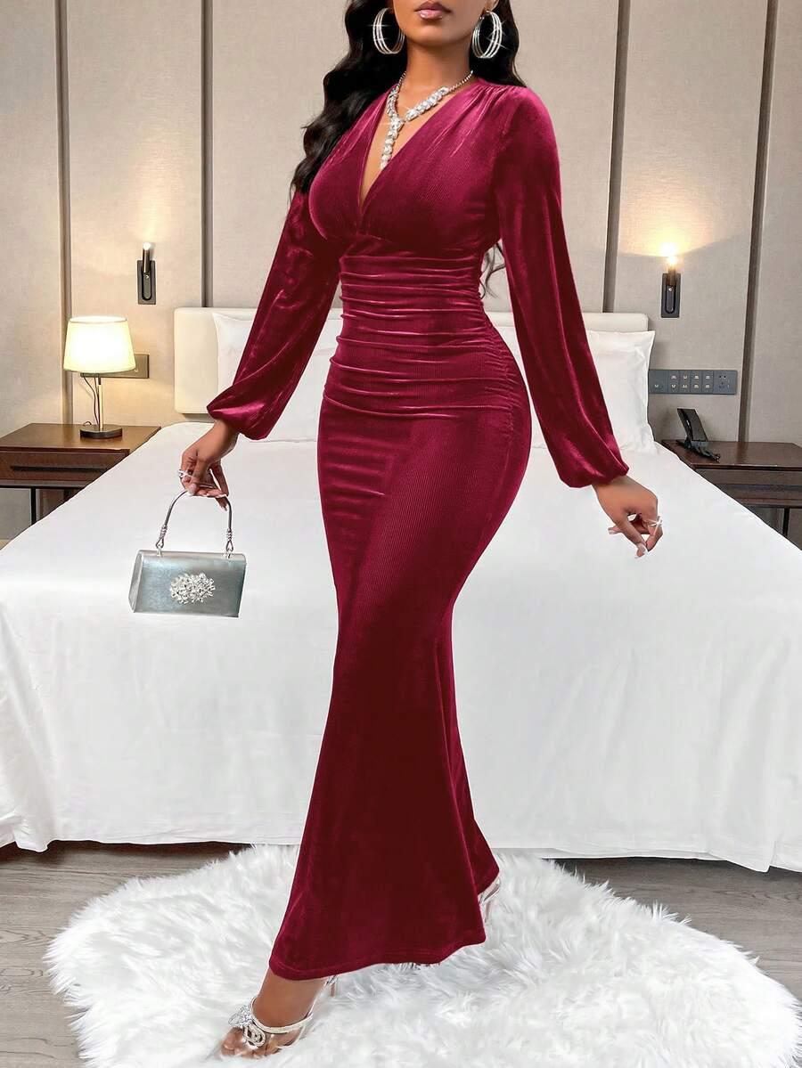 czerwona maxi sukienka v-neck