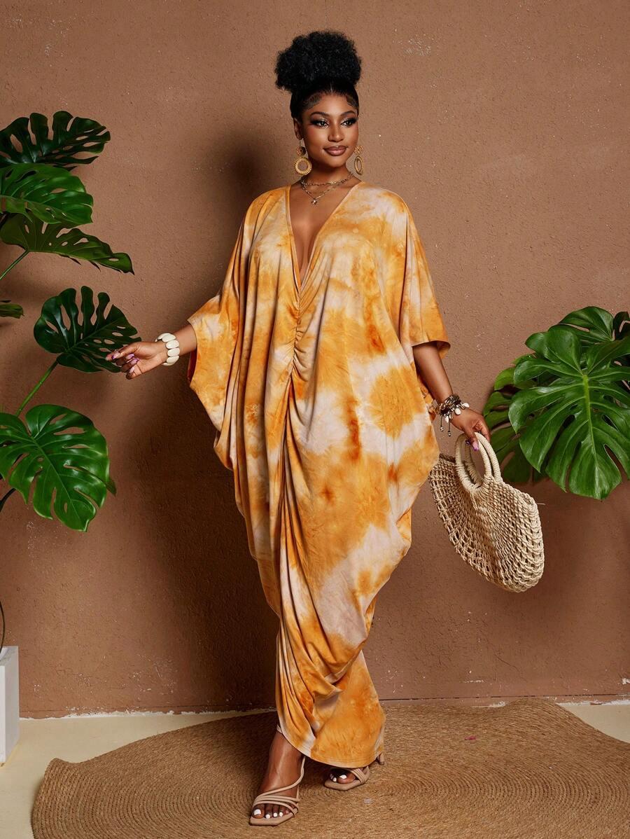 pomarańczowa maxi sukienka marszczenie
