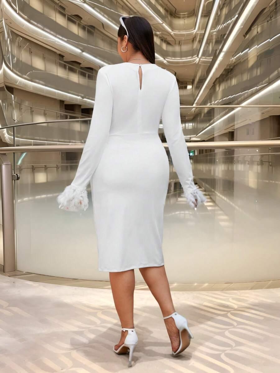 SUKIENKA WIZYTOWA MIDI OŁÓWKOWA PLUS SIZE Z DŁUGIM RĘKAWEM