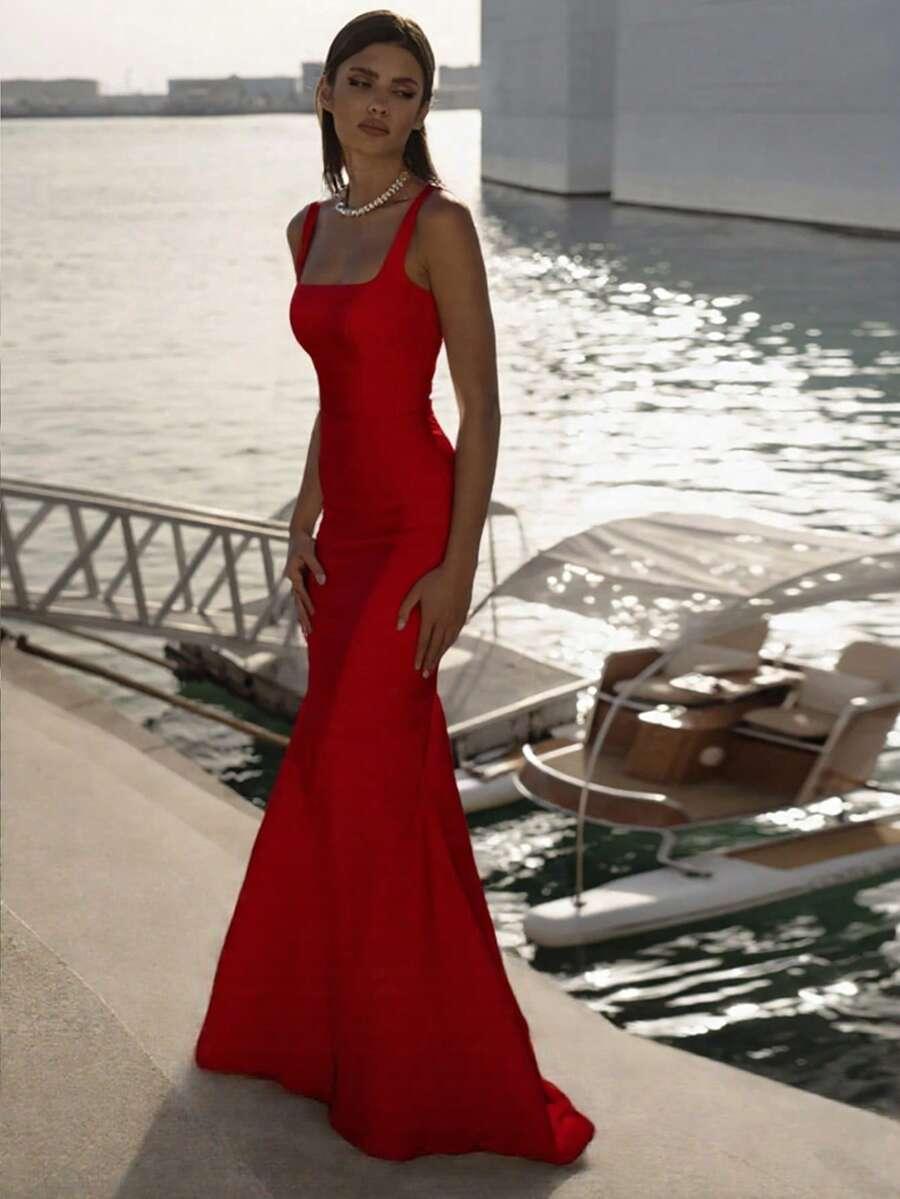 CZERWONA SATYNOWA MAXI SUKIENKA