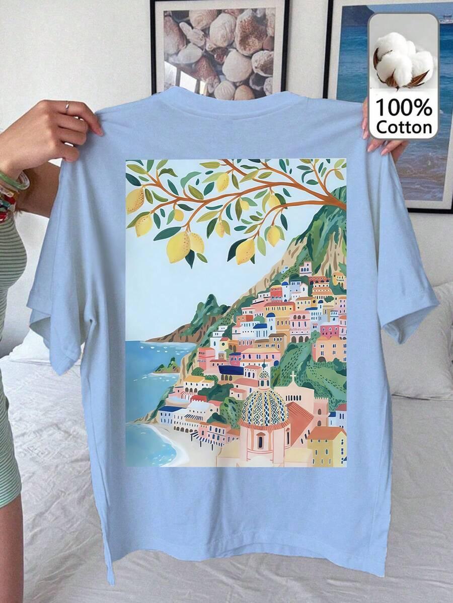 niebieski t-shirt nadruk