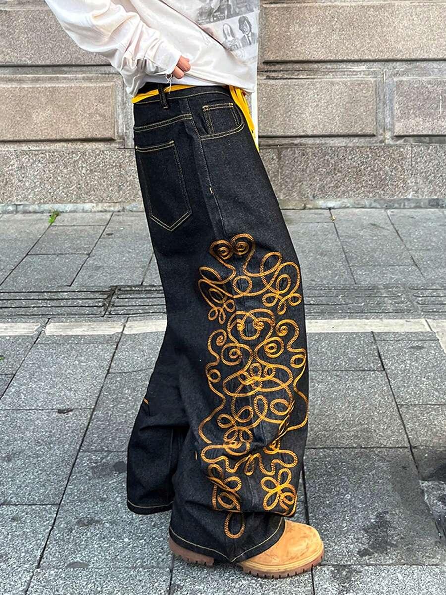 granatowe spodnie jeans zdobienie haft