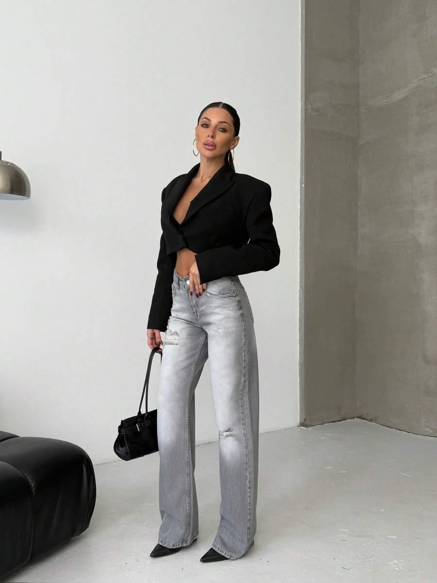 szare spodnie jeans przetarcia