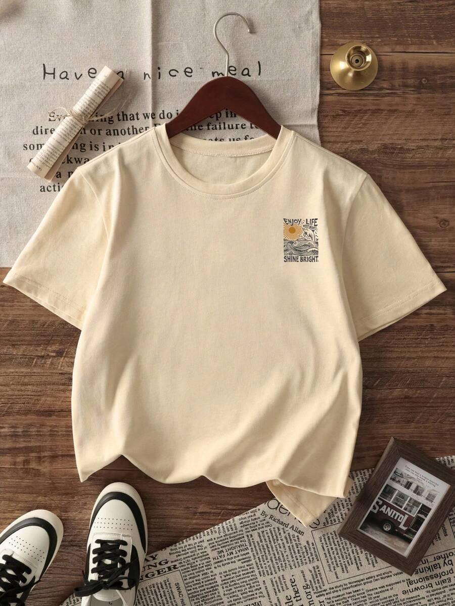 beżowy t-shirt nadruk