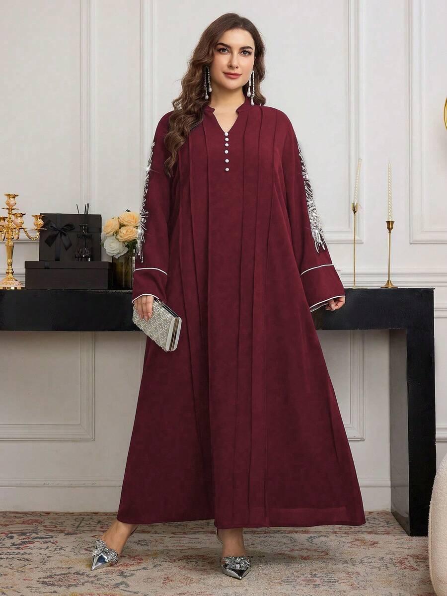bordowa maxi sukienka v neck zdobienie 