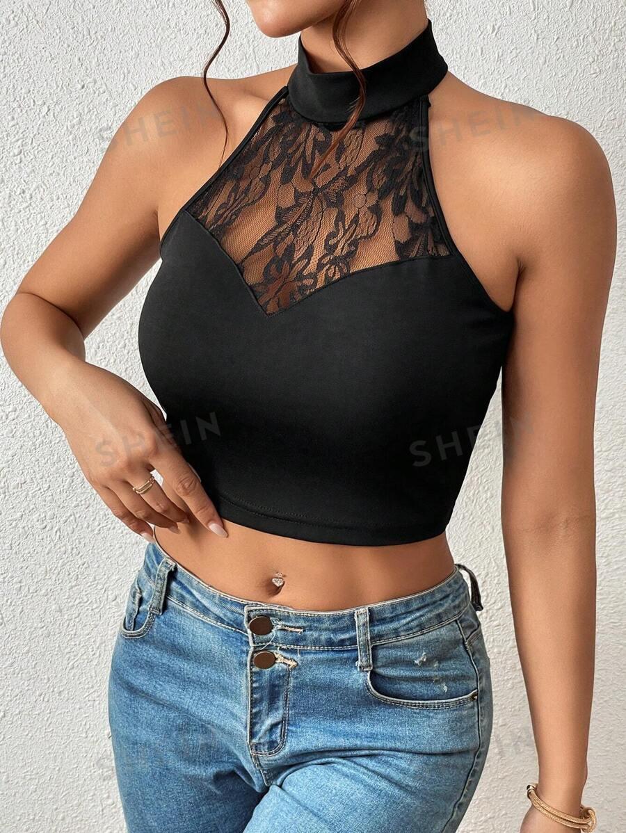 CZARNY CROP TOP KORONKA