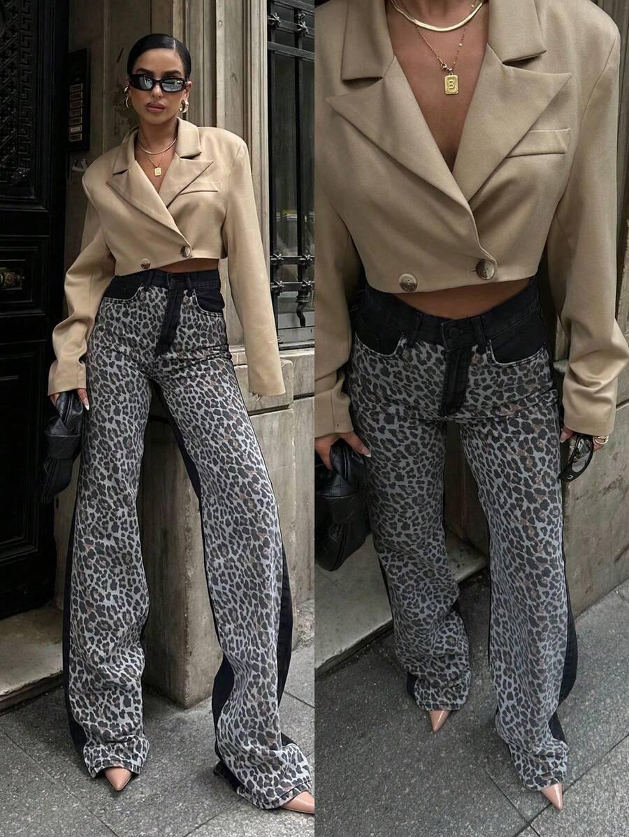 CZARNE SPODNIE JEANS ANIMAL PRINT