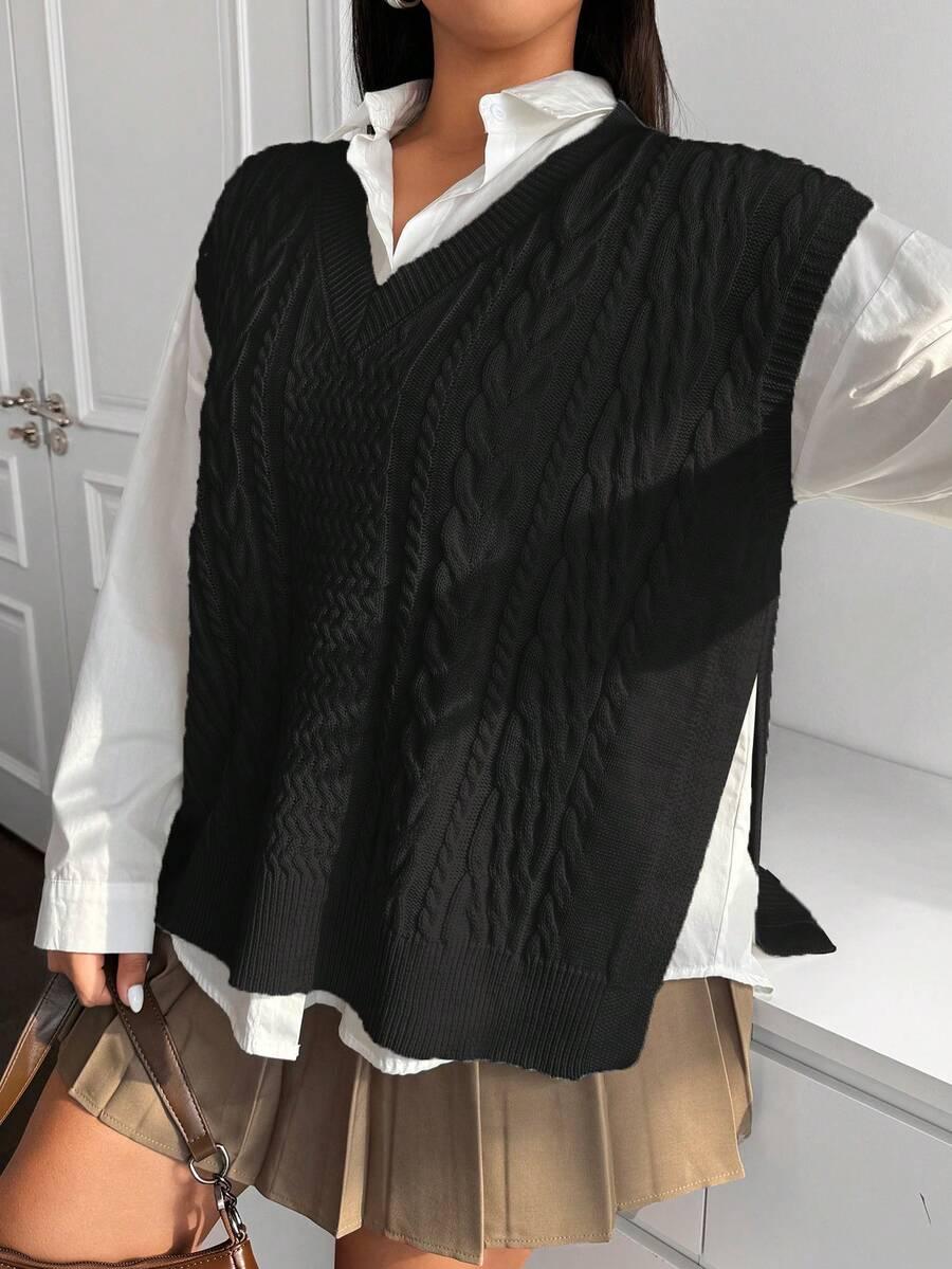 CZARNA DZIANINOWA KAMIZELKA V-NECK