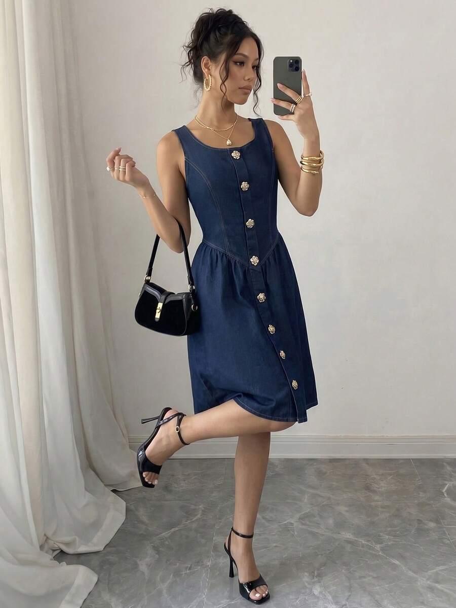 sukienka przed kolano jeans guziki