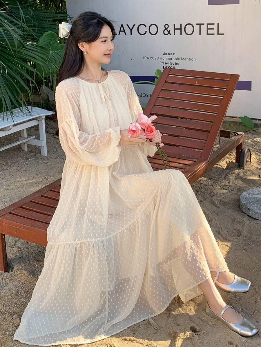 BOHO MIDI SUKIENKA Z WIĄZANYM DEKOLTEM I DŁUGIM RĘKAWEM