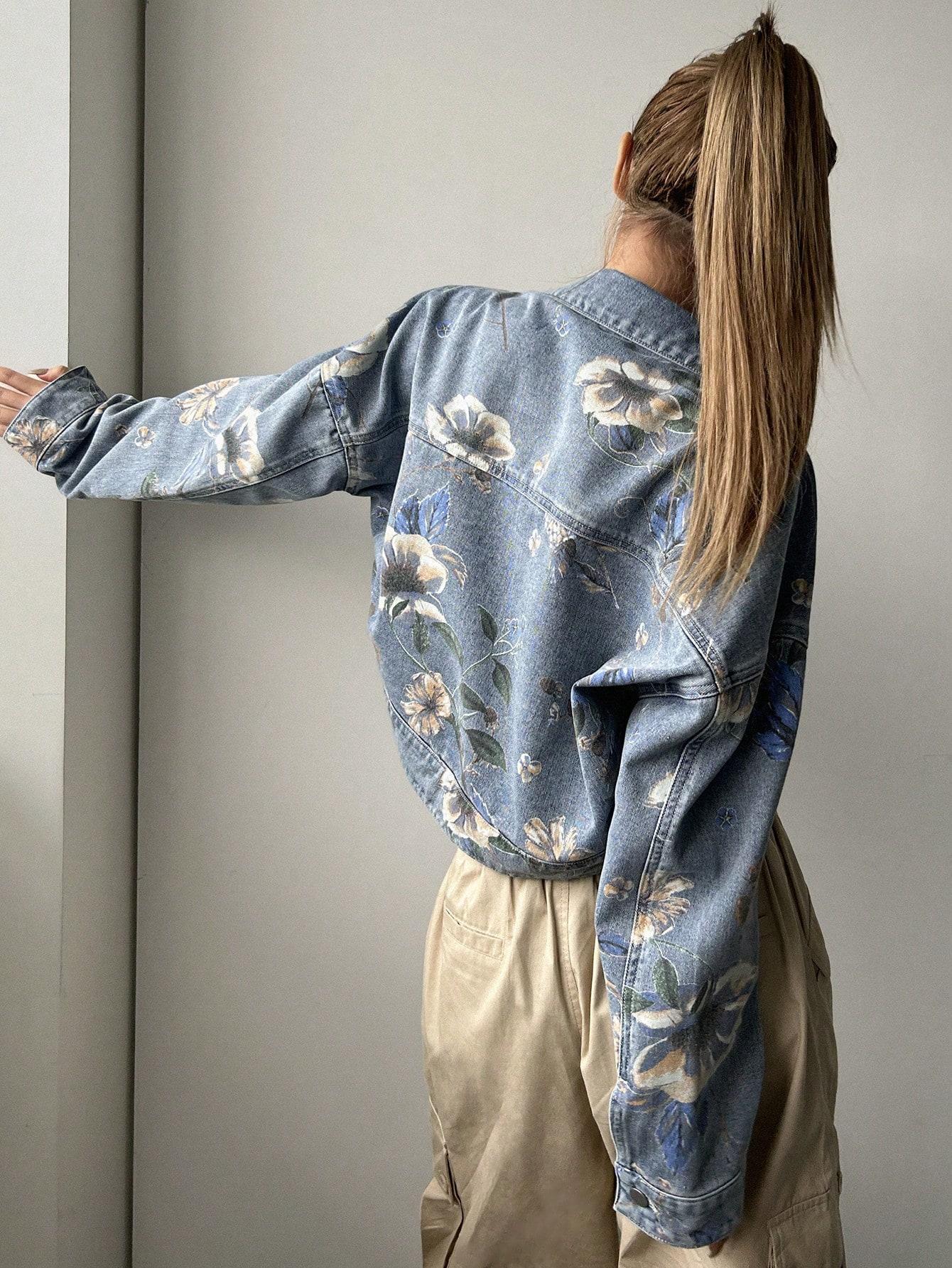 kurtka jeans wzór kwiaty
