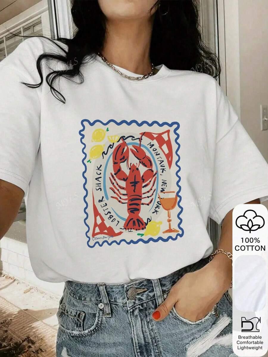T-SHIRT DAMSKI BAWEŁNIANY OKRĄGŁY DEKOLT REGULAR PRINT