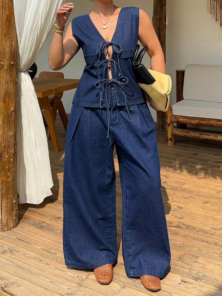 komplet jeans spodnie top