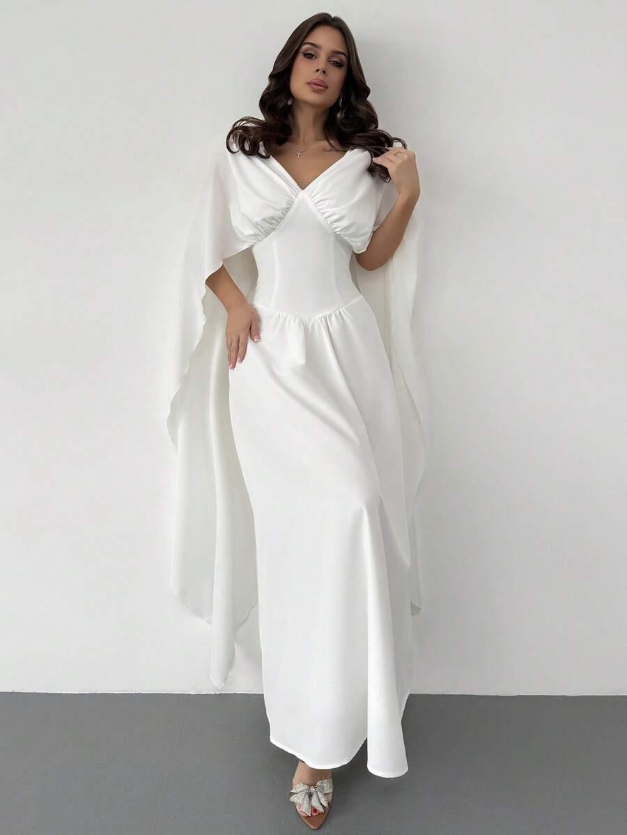 biała maxi sukienka v neck