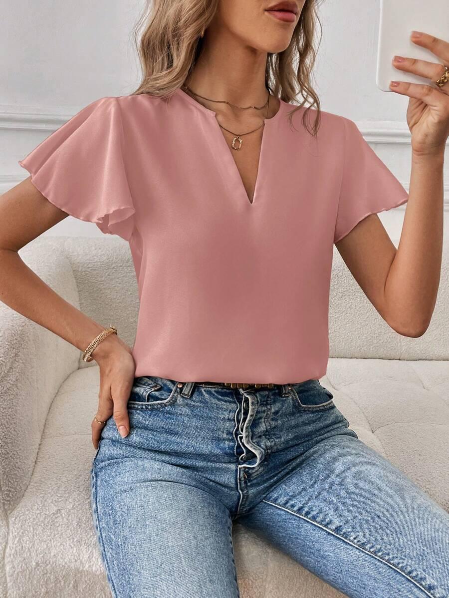 różowa bluzka falbanki v-neck