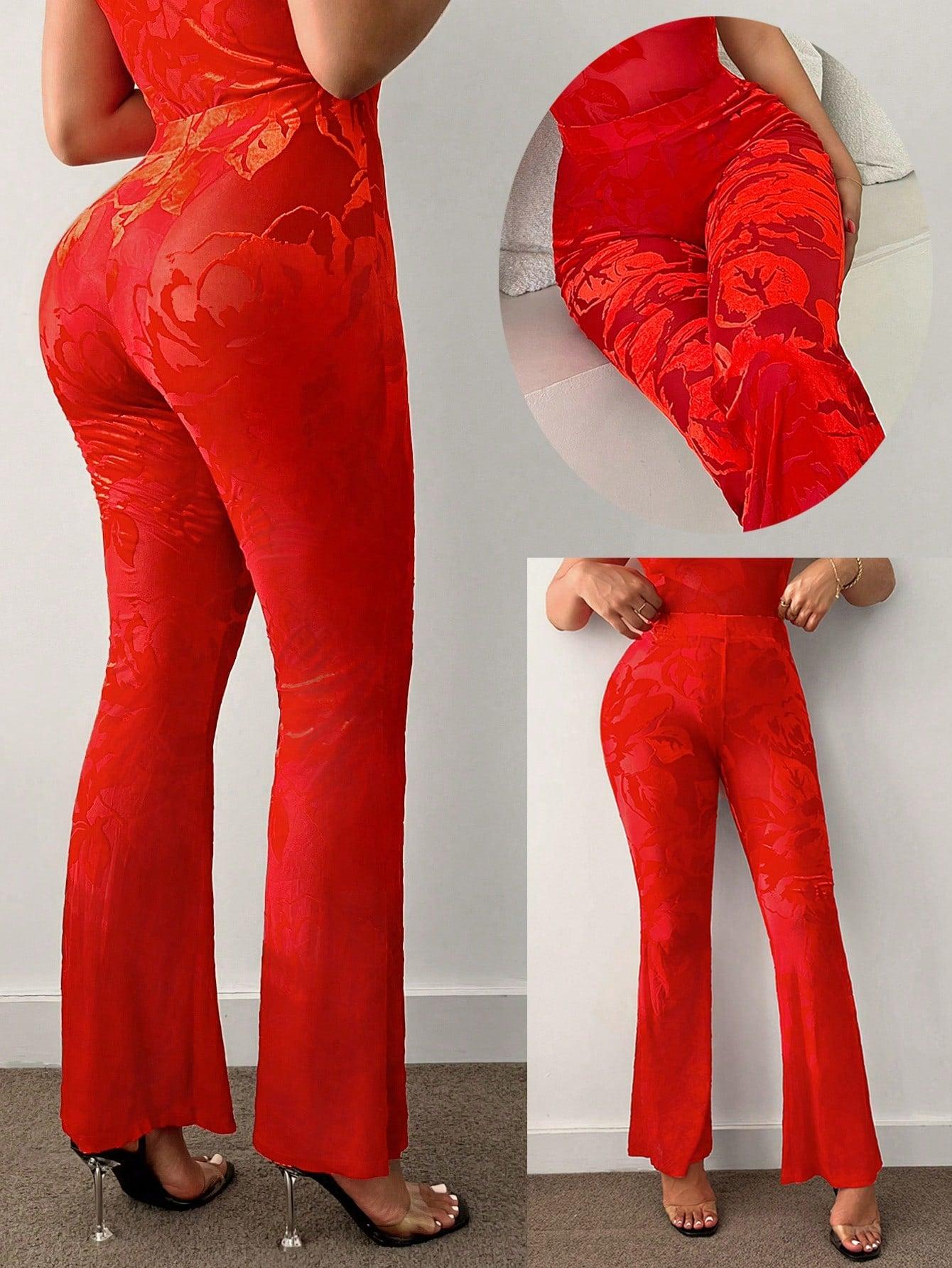 żakardowe czerwone spodnie z gumką w pasie siateczka
