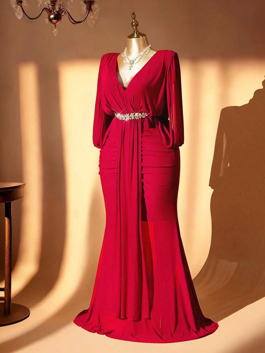 czerwona maxi sukienka v-neck