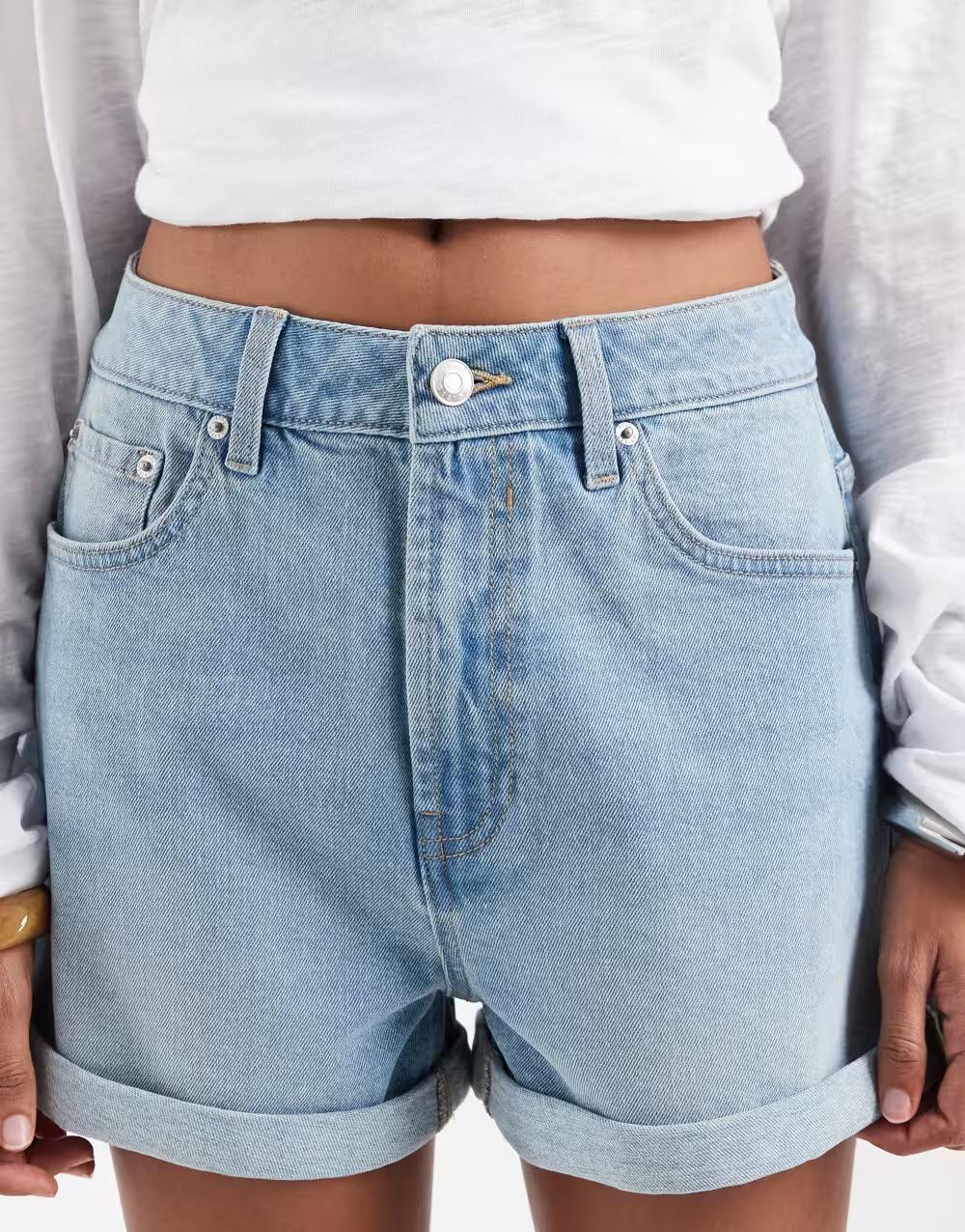 niebieskie spodenki jeans mom fit