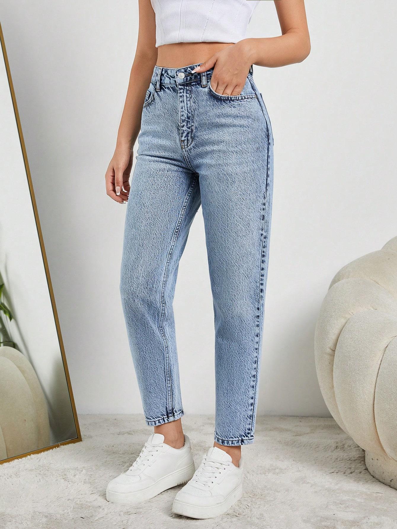 niebieskie spodnie jeans wysoki stan mom fit 