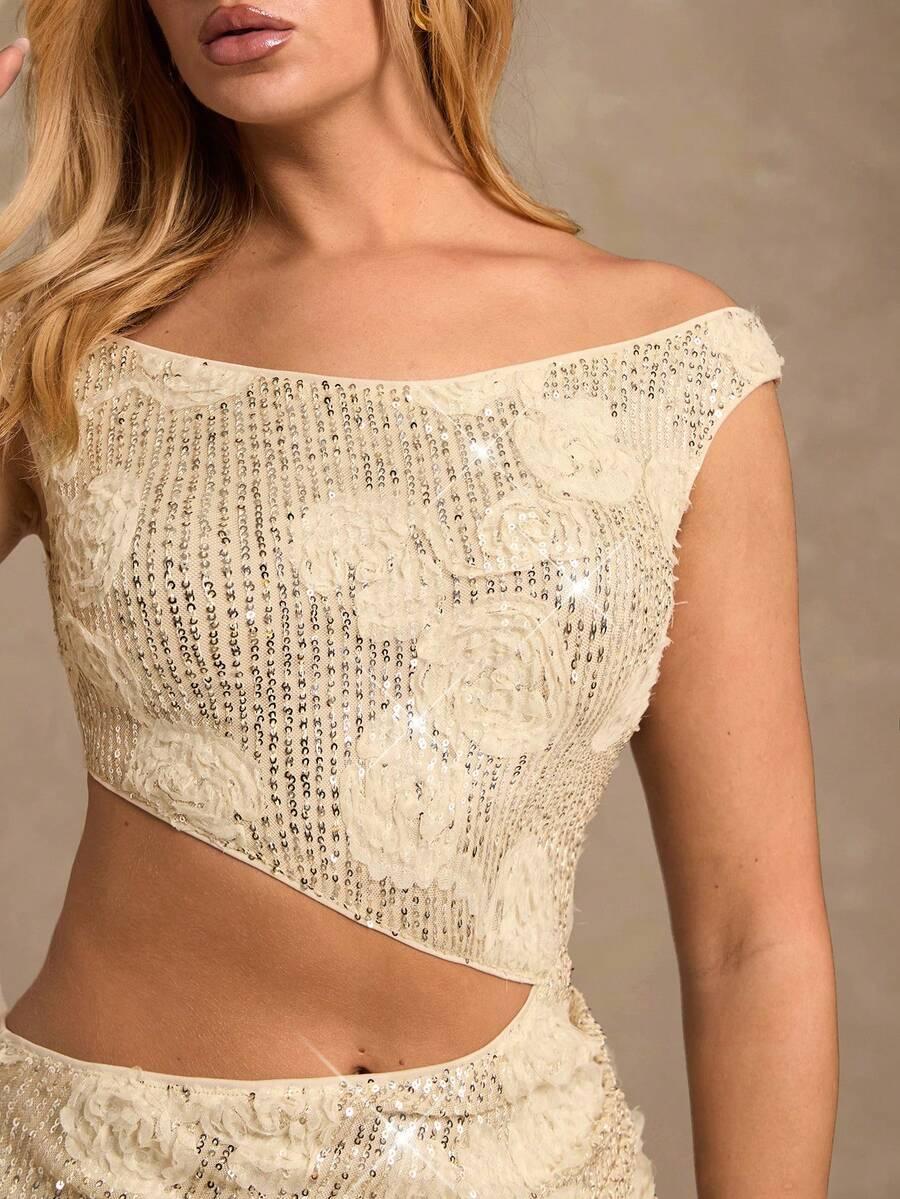ELEGANCKA SUKIENKA MAXI CEKINY WYCIĘCIE 