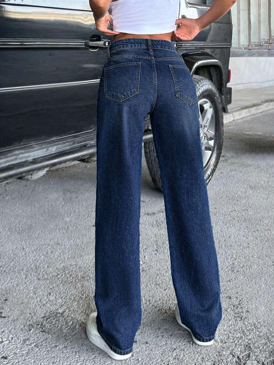 GRANATOWE SPODNIE JEANS PROSTA NOGAWKA 