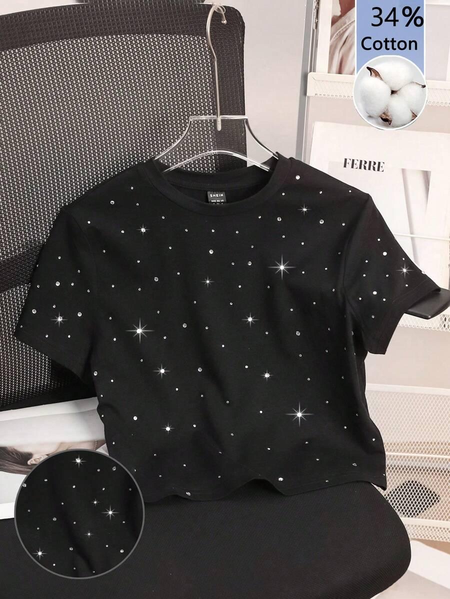 CZARNY T-SHIRT OKRĄGŁY DEKOLT ZDOBIENIE 