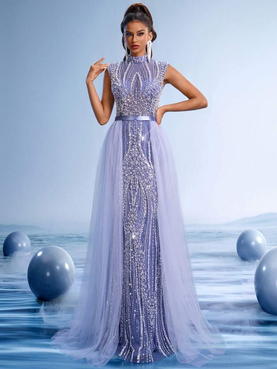 NIEBIESKA SUKIENKA MAXI ZDOBIENIE