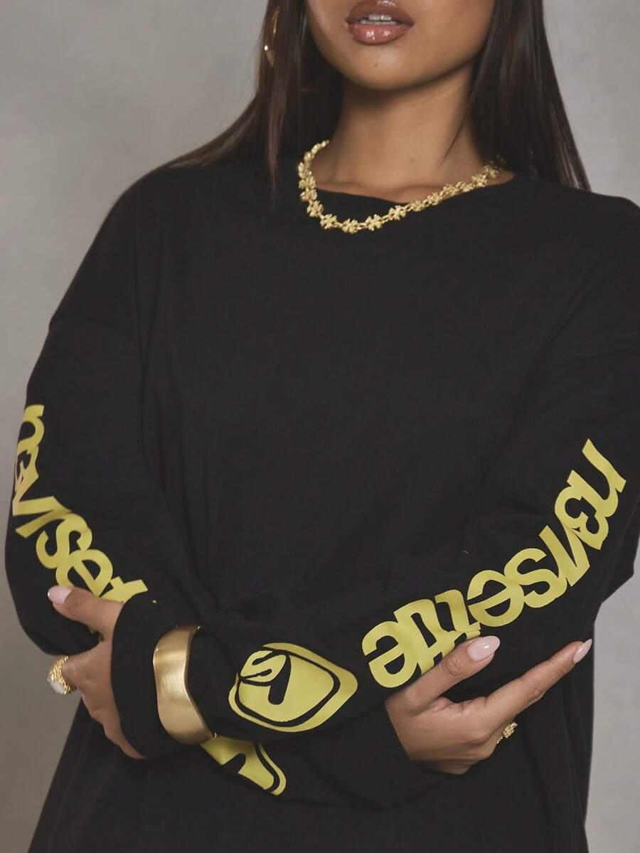 BAWEŁNIANA OVERSIZE BLUZKA Z OKRĄGŁYM DEKOLTEM PRINT