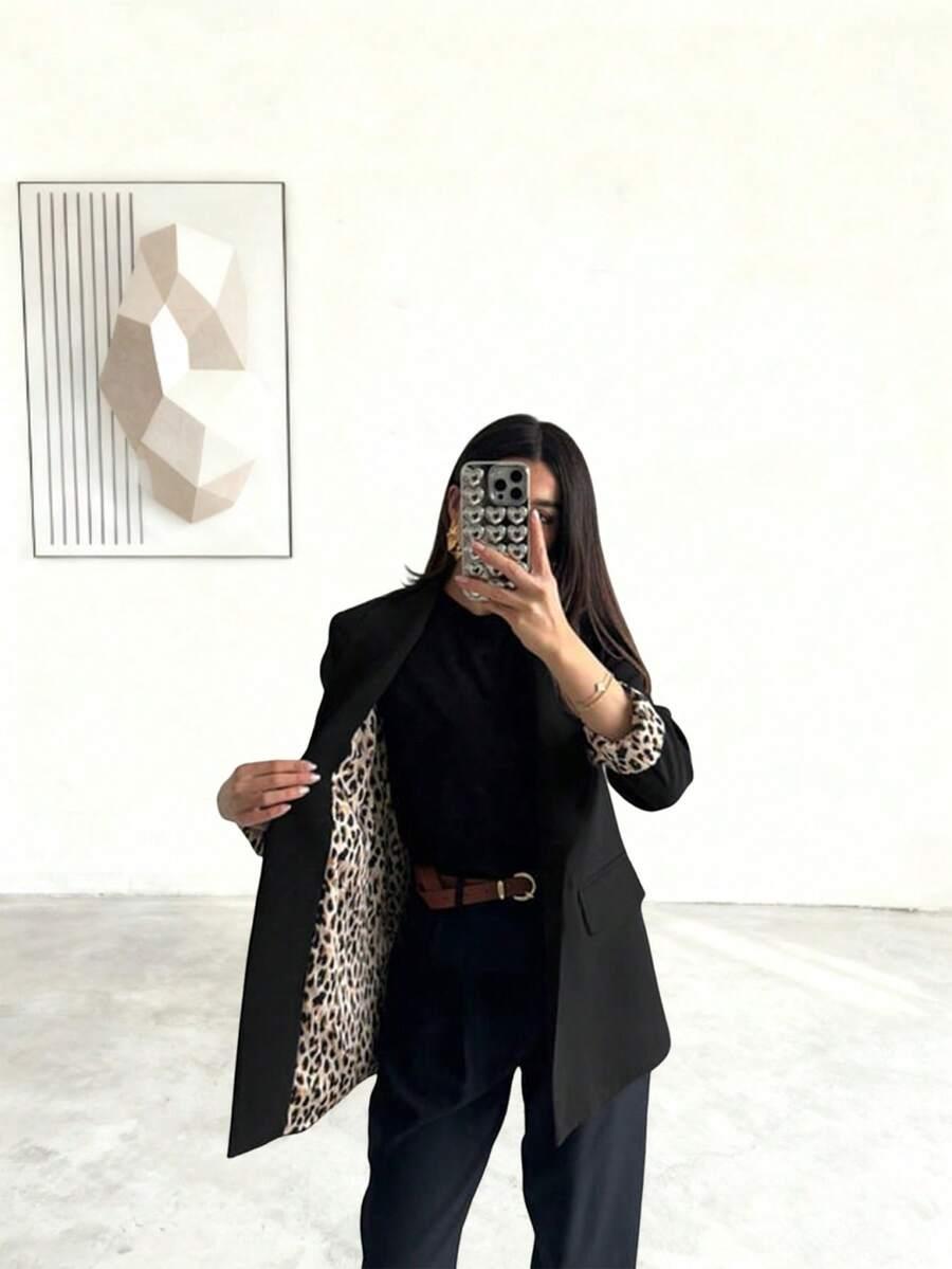czarna marynarka z podszewką wzór leopard