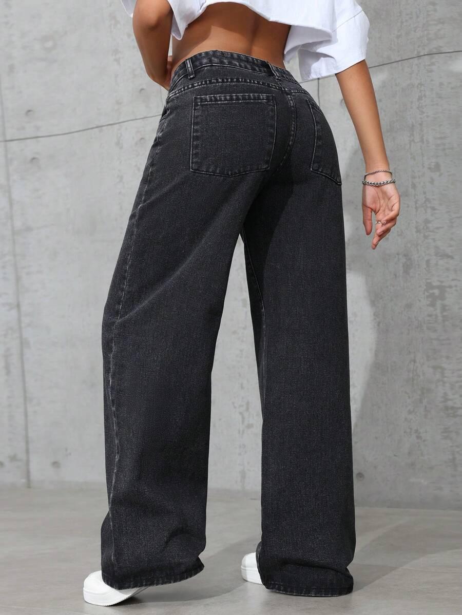 CZARNE SPODNIE JEANS SZEROKIE NOGAWKI