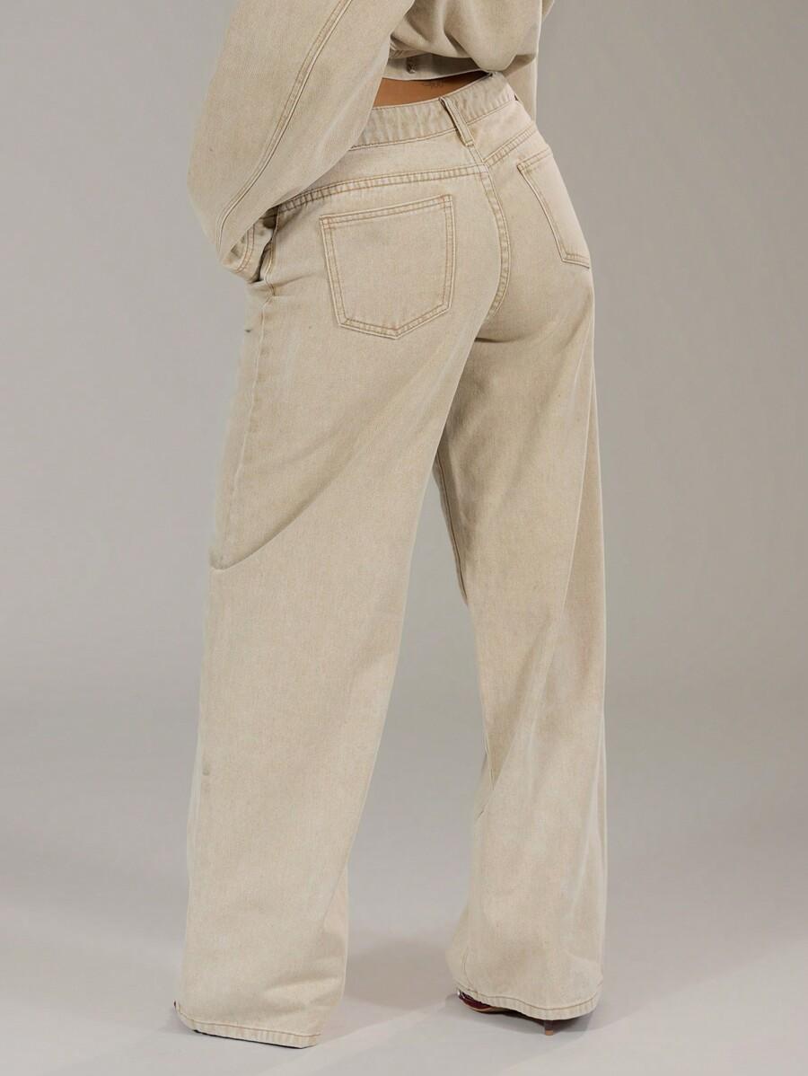 BEŻOWE SPODNIE JEANS SZEROKA NOGAWKA 