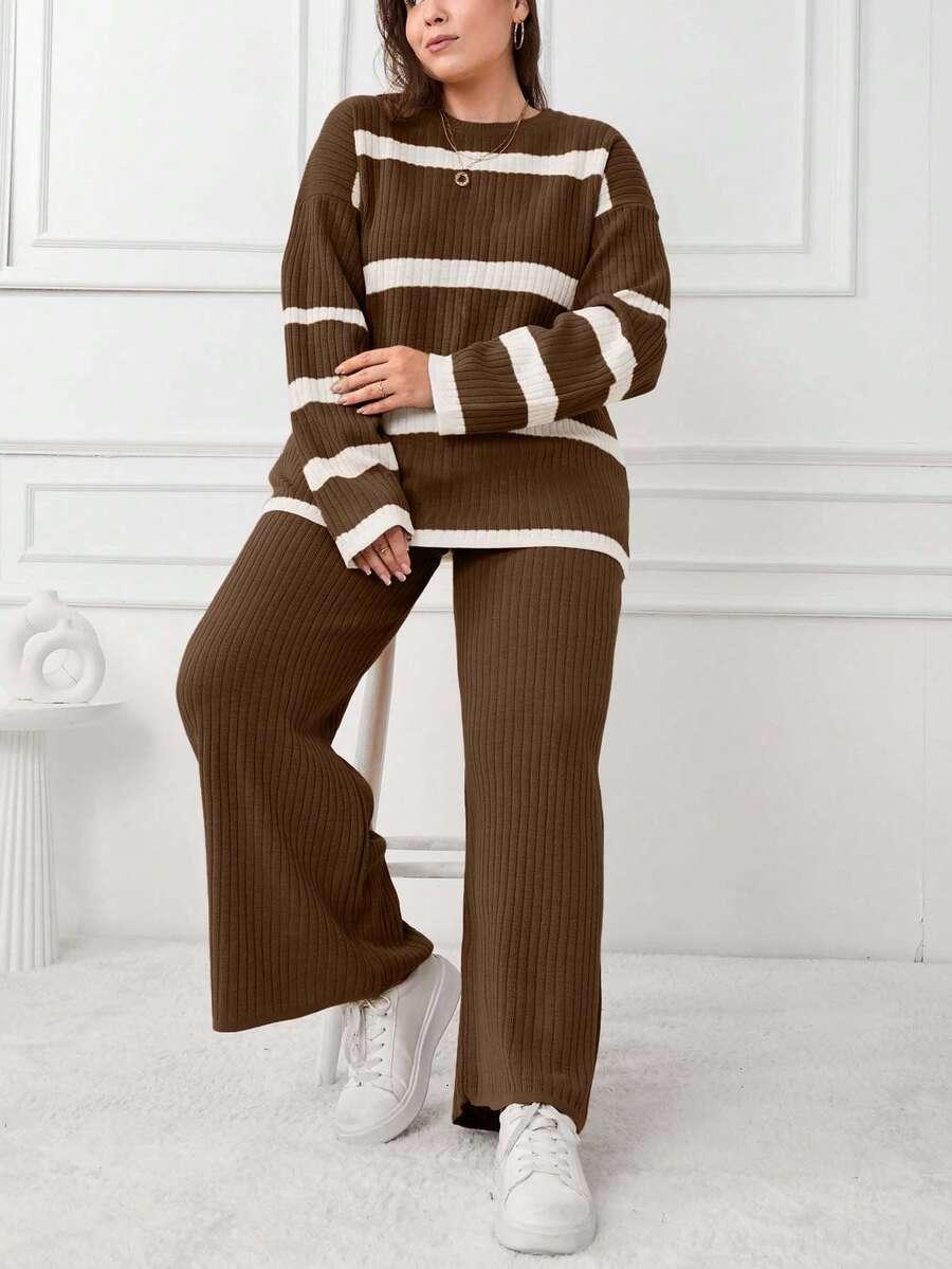 SWETER SPODNIE KOMPLET DZIANINOWY 