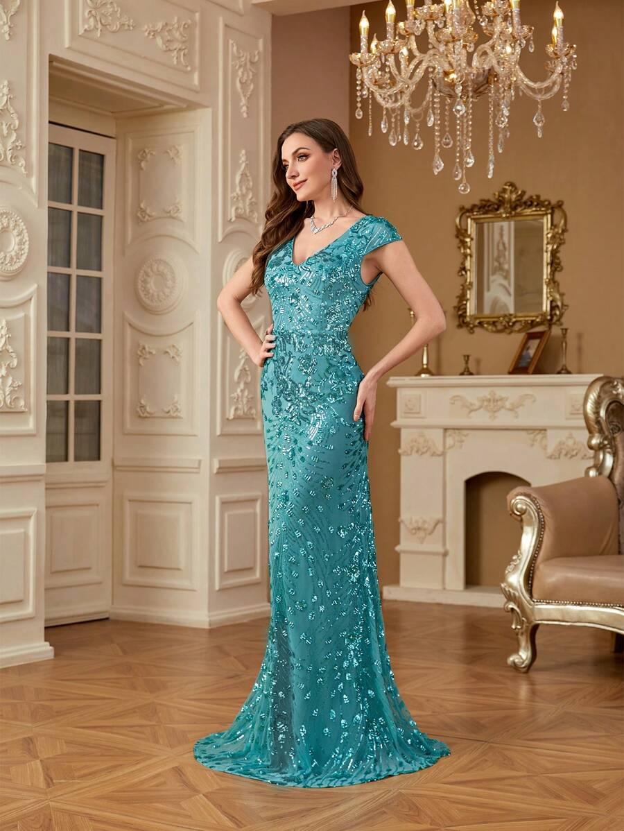 zdobiona maxi sukienka v neck połysk 