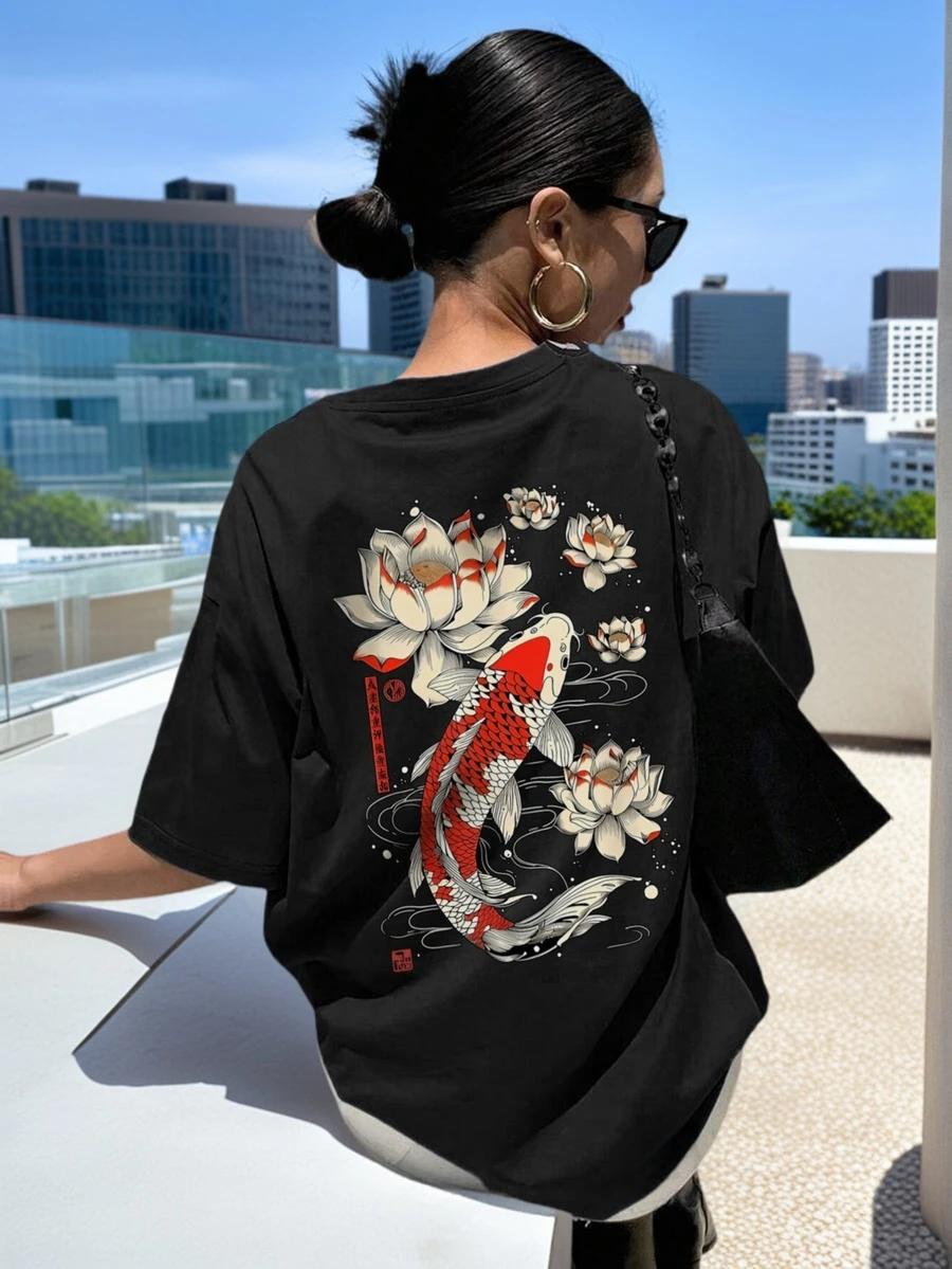 czarny t-shirt nadruk 