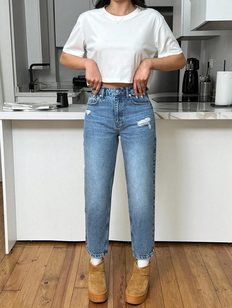  NIEBIESKIE SPODNIE MOM JEANS PRZETARCIA