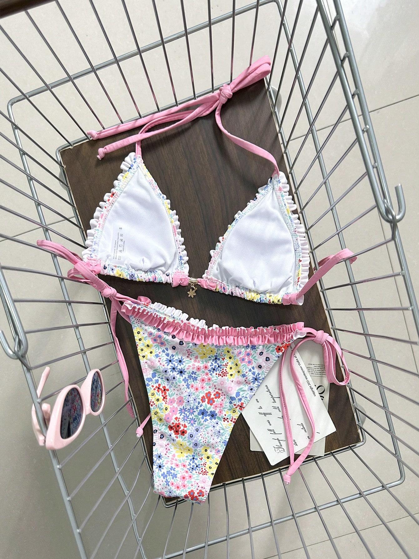 KOMPLET BIKINI WIĄZANY W KWIATY