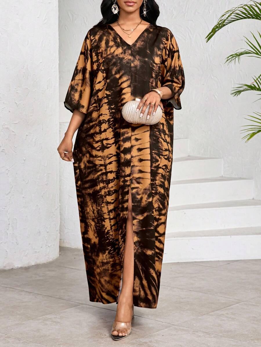 maxi sukienka rozcięcie rękaw 3/4 print v-neck