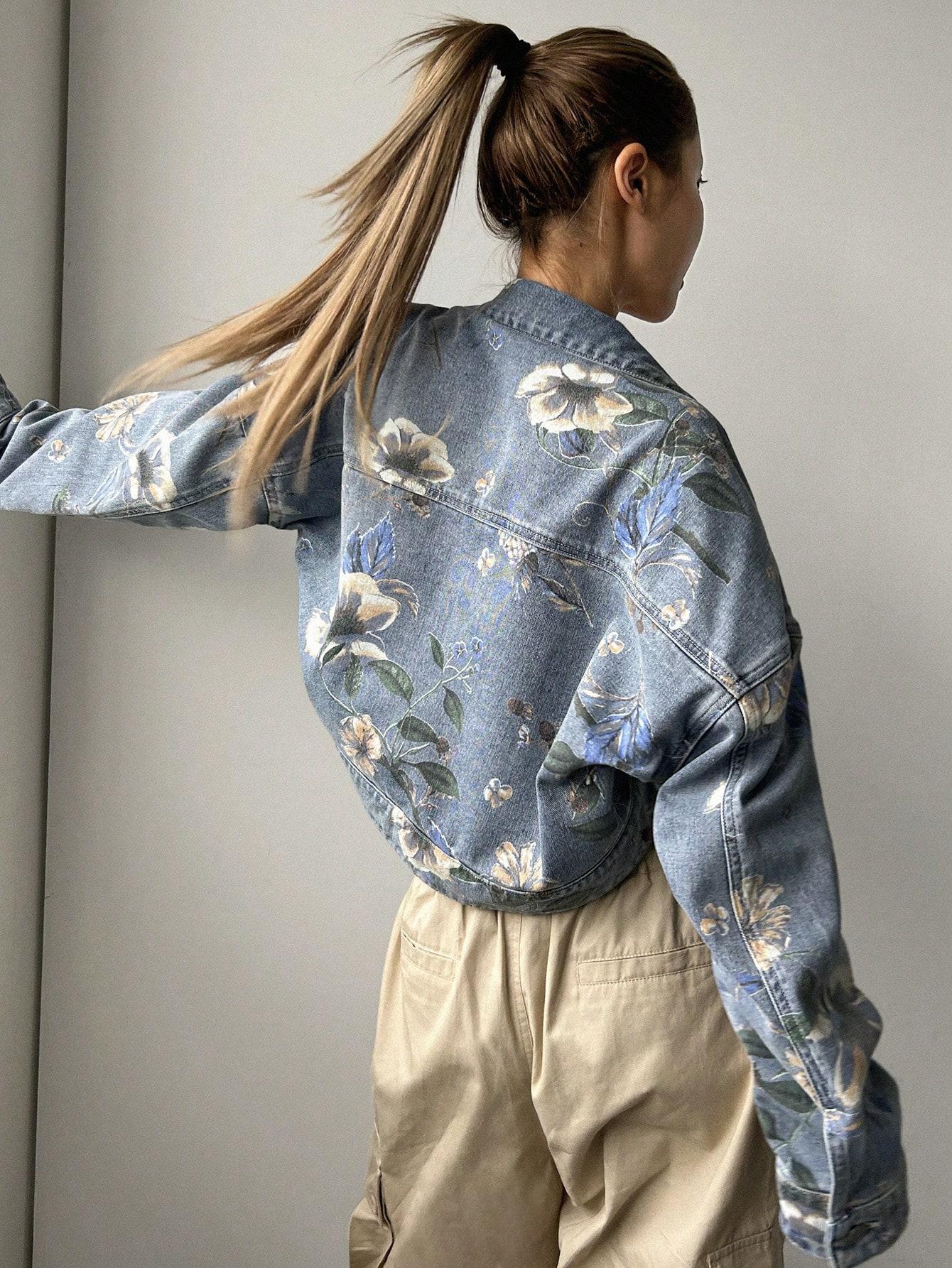 kurtka jeans wzór kwiaty