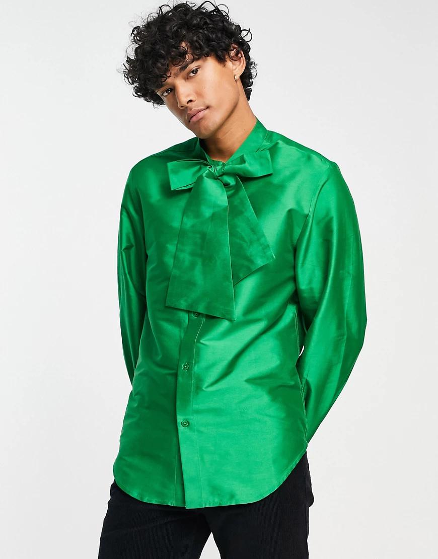zielona koszula dekolt wiązanie kokarda połysk