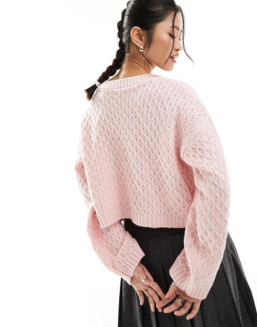 różowy klasyczny sweter wiązanie wstążka kontrast