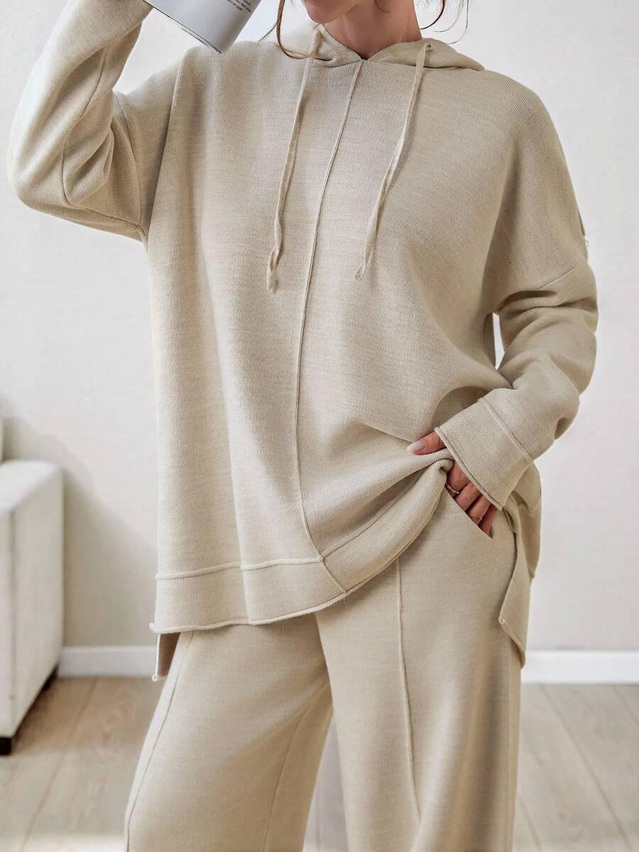 BEŻOWY DZIANINOWY KOMPLET OVERSIZE SPODNIE BLUZA