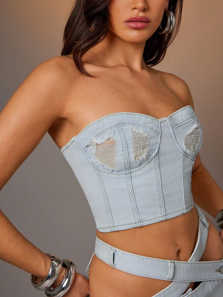 jeansowy top przetarcia