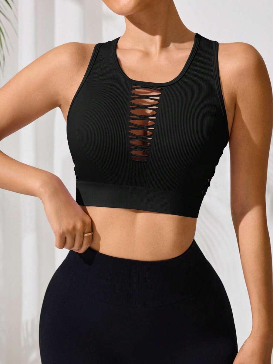 czarny sportowy top prążki 