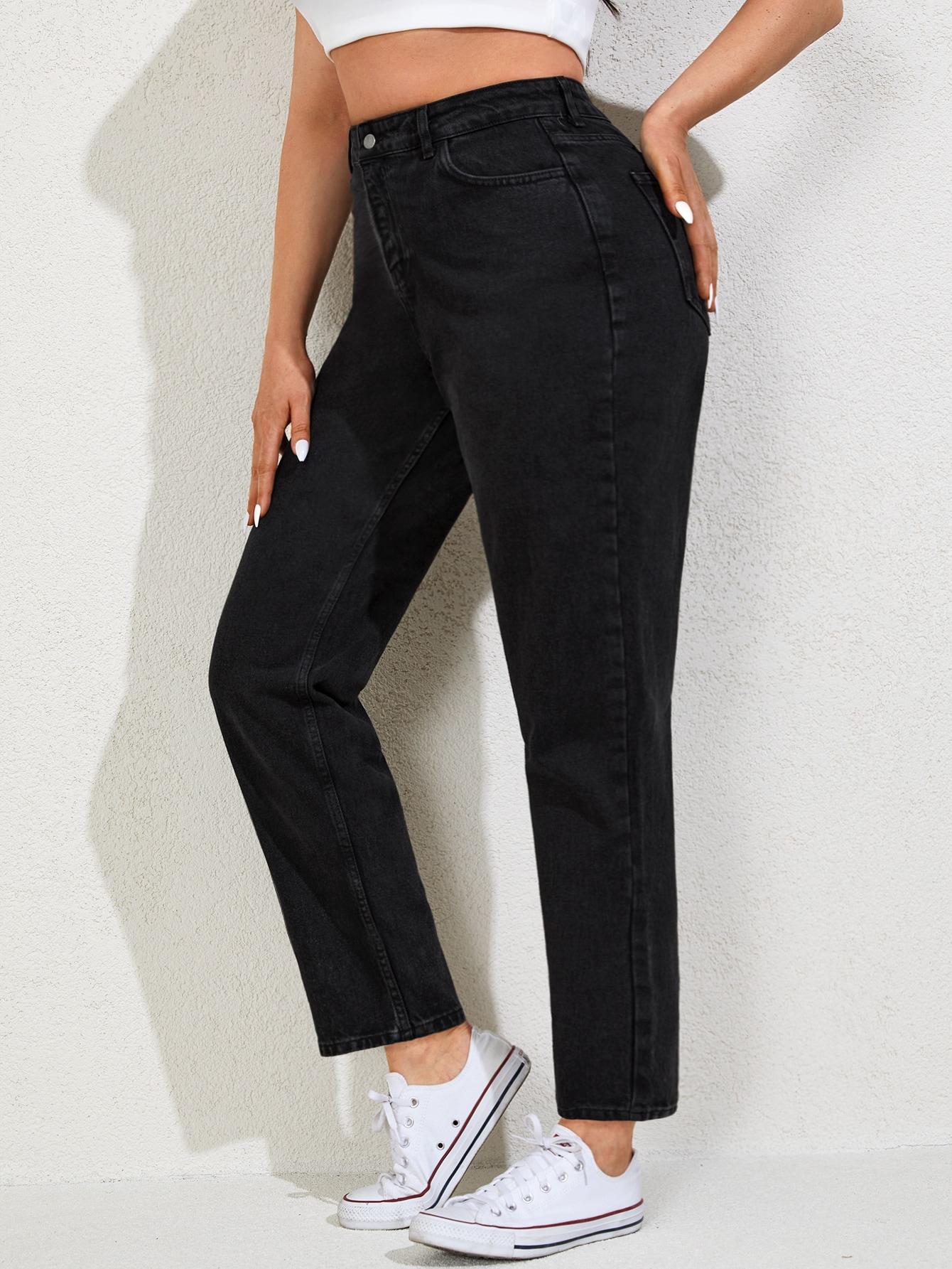 CZARNE JEANSY Z WYSOKIM STANEM PROSTE NOGAWKI 