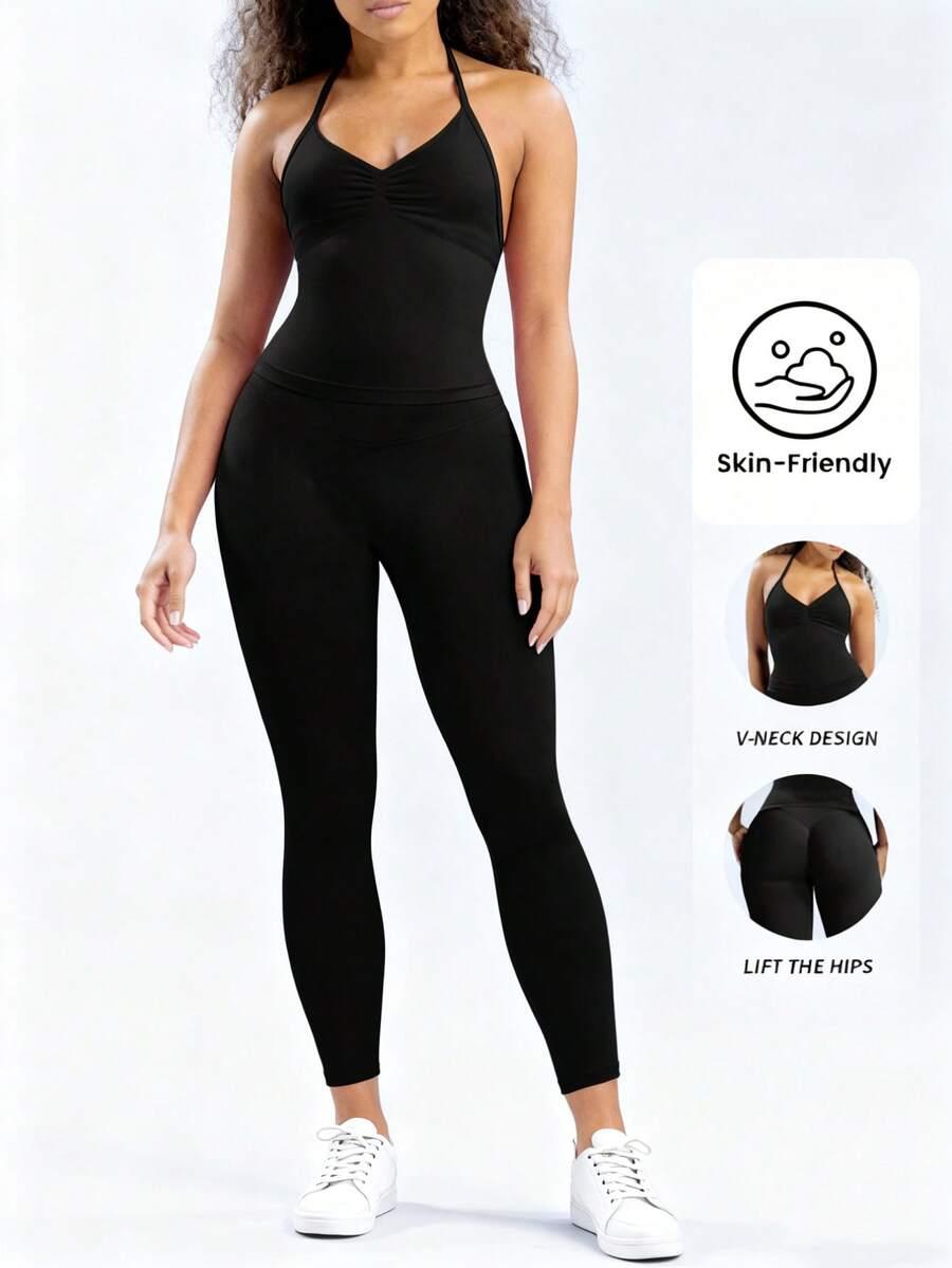 LEGINSY TOP CZARNY KOMPLET SPORTOWY